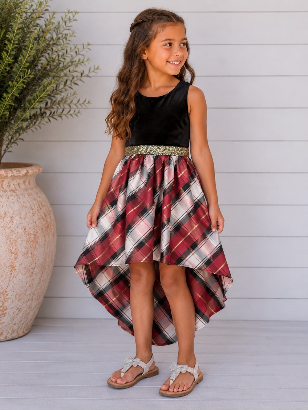 Bonnie Jean Velvet Sequined Waist High-Low Plaid Holiday Party Dress Size 14